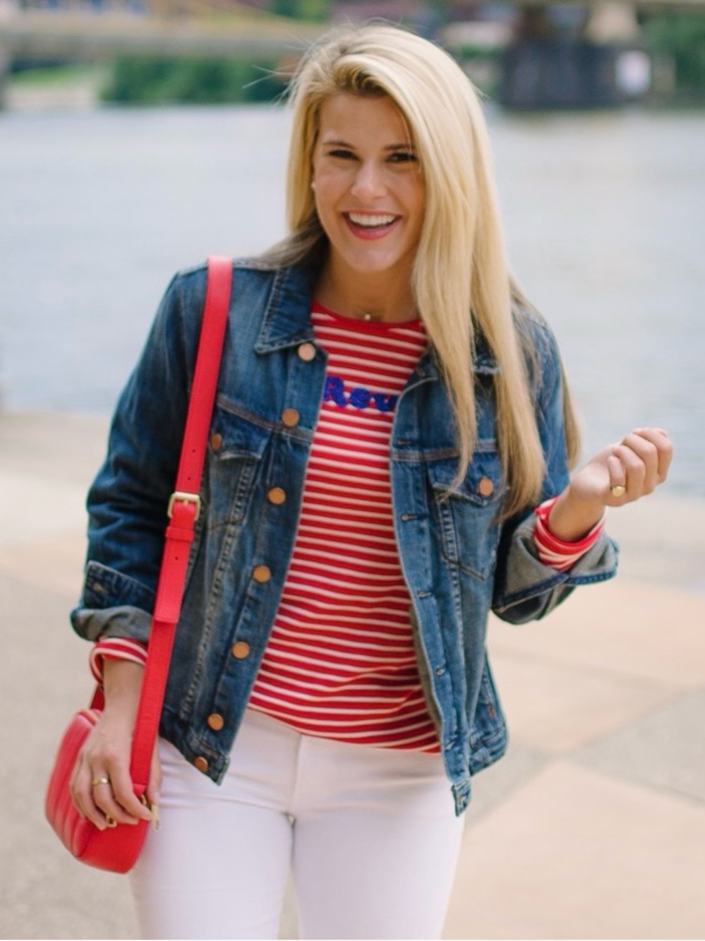 TALBOTS L Embellished Tee Au Revoir French Girl Nautical Striped Top Red Blue